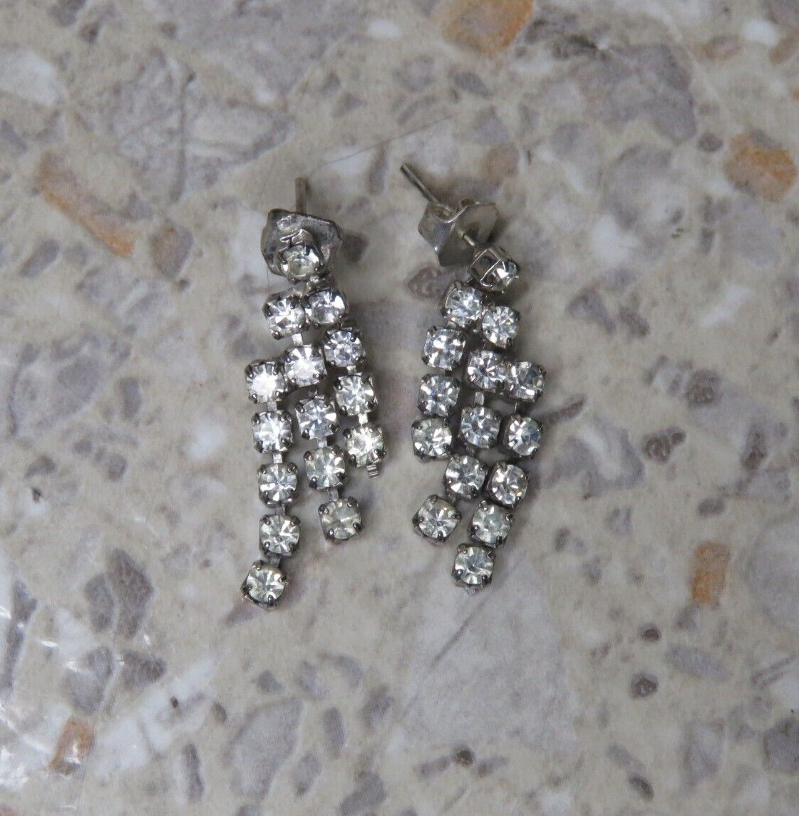 VTG Silver Rhinestone Triple Row Dangle Drop Tassel Post Pierced Earrings 1″