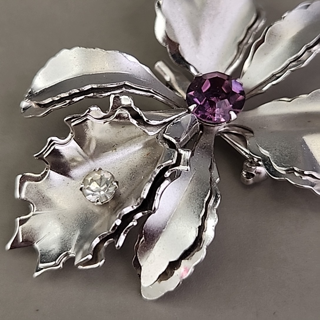 Vintage Flower Brooch Orchid Purple Rhinestone Silver Tone 2″