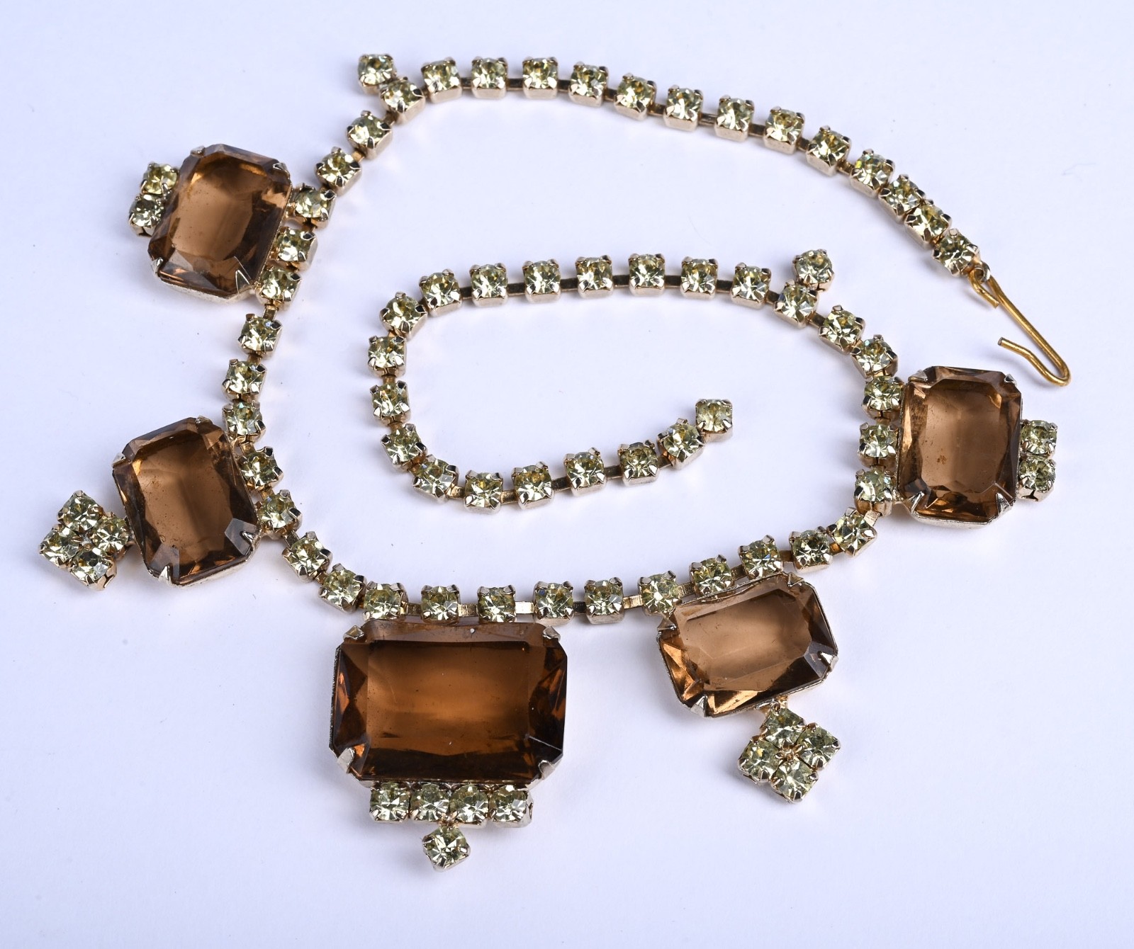 Vintage Amber Glass Rhinestone Festoon Choker Necklace Gold Tone 14″