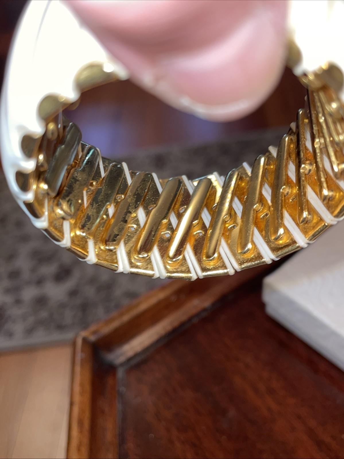 Vintage hard white plastic gold tone stretch expanding cuff bracelet Hong Kong