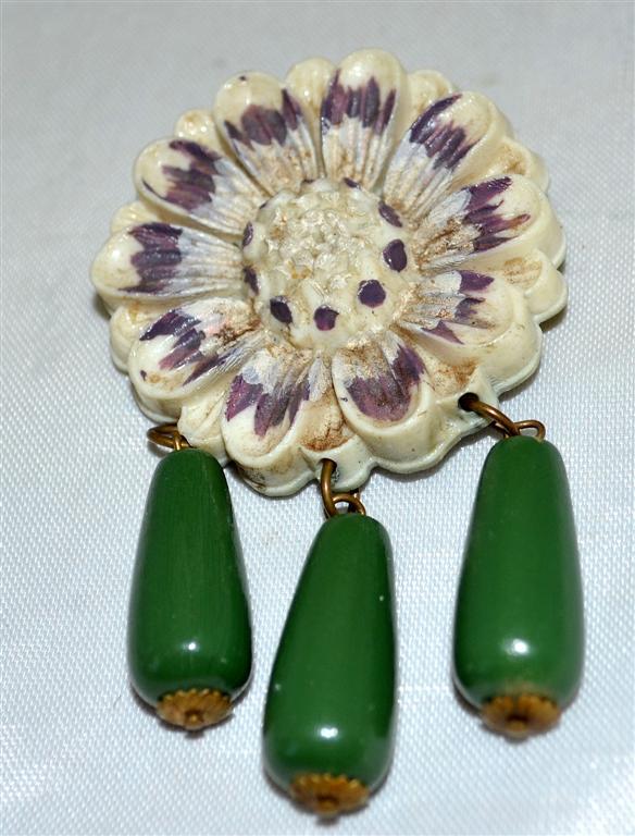 Vintage Cream & Purple Early Plastic Flower Pin with 3 Dark Green Wood Tassels