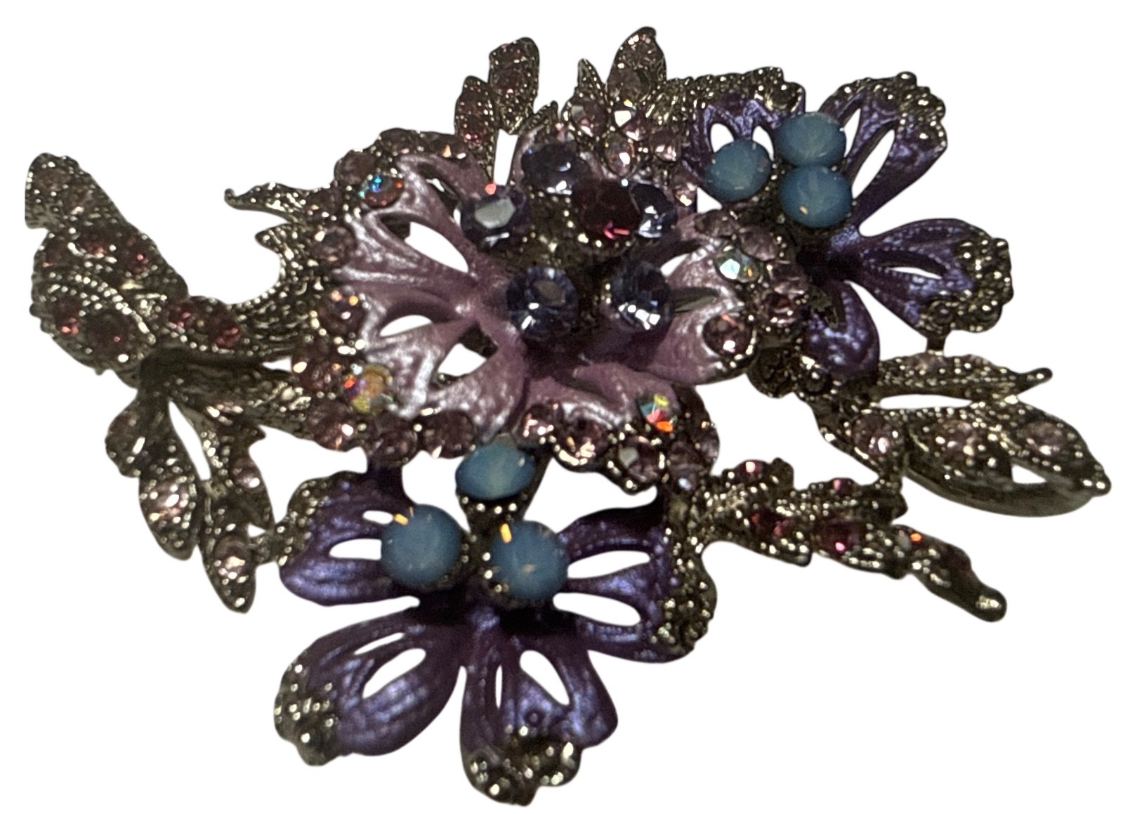 Vintage purple and blue crystal rhinestone flower cluster Pendant/Brooch 2″ EUC