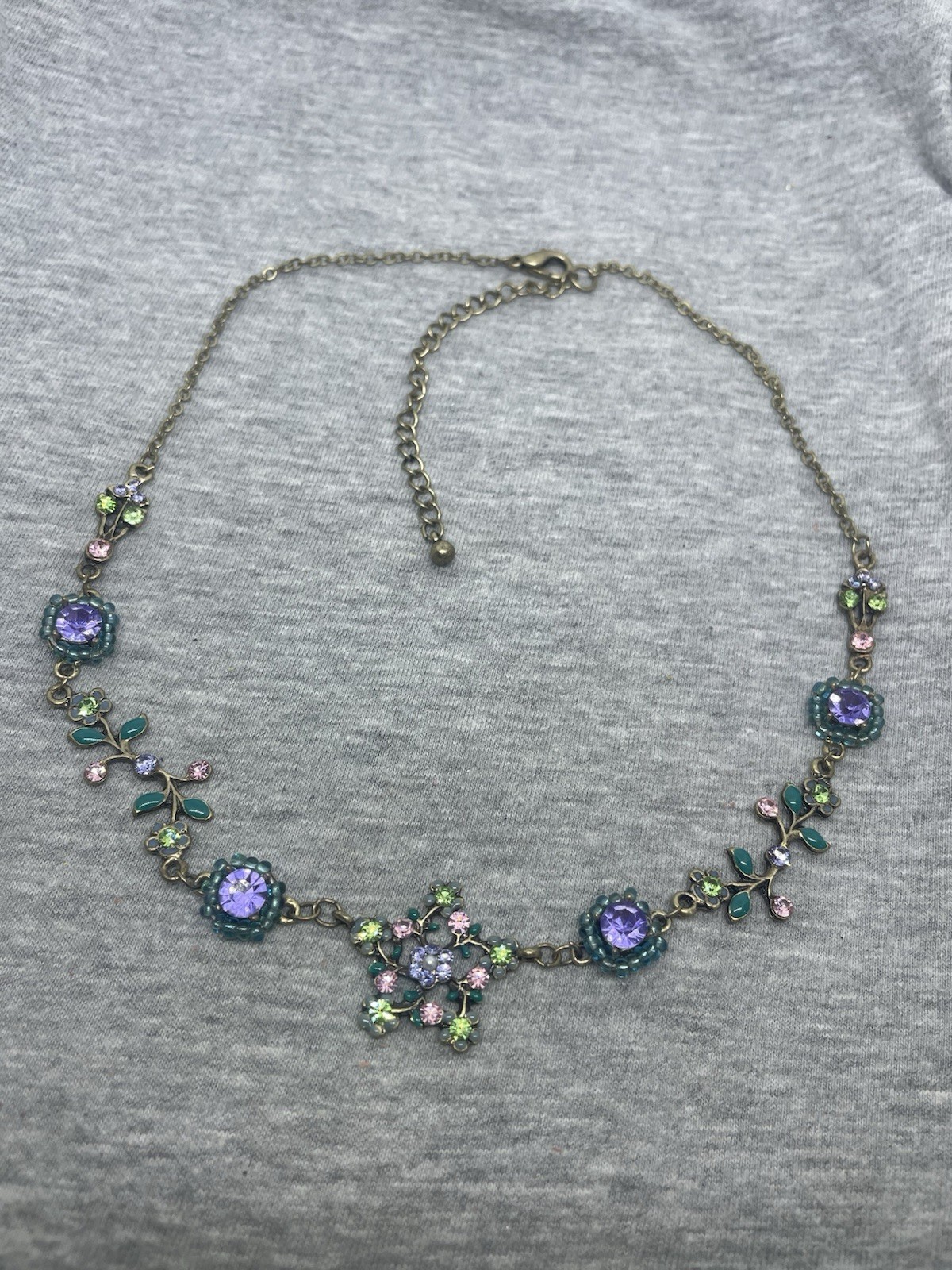 Vintage Bronze Tone Floral Multicolor Enamel Rhinestones Beads 16-19” Necklace