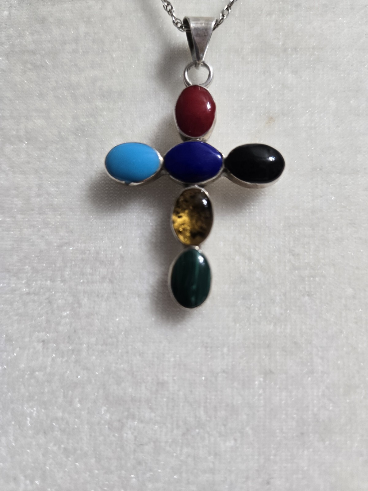 Signed stamped 925 Mexico sterling silver multicolor cabochons stones necklace