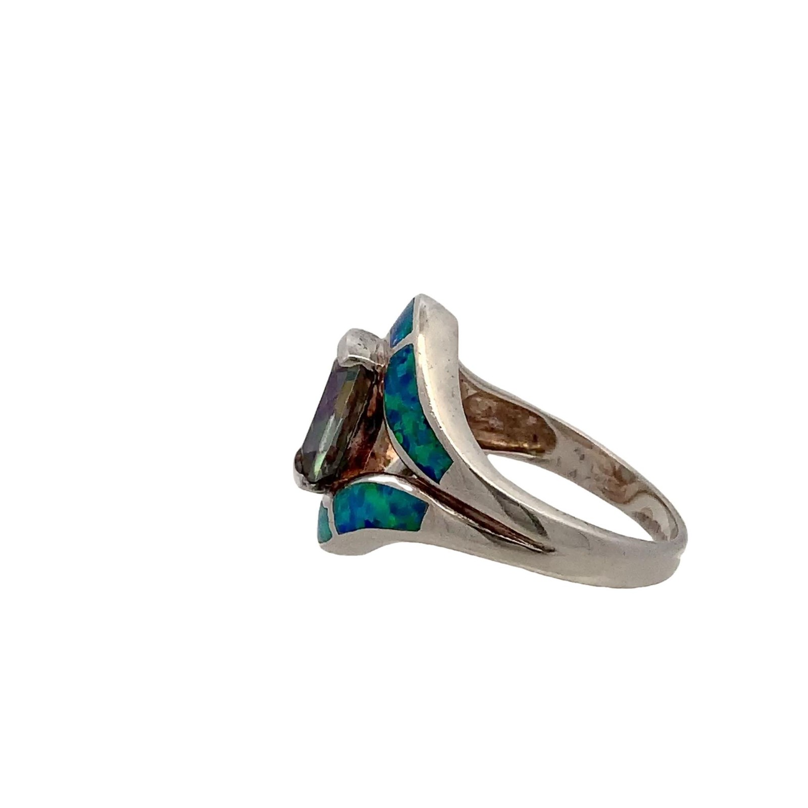 Mystic Topaz and Blue Fire Opal Inlay Vintage 925 Sterling Silver Ring sz 7 1/2