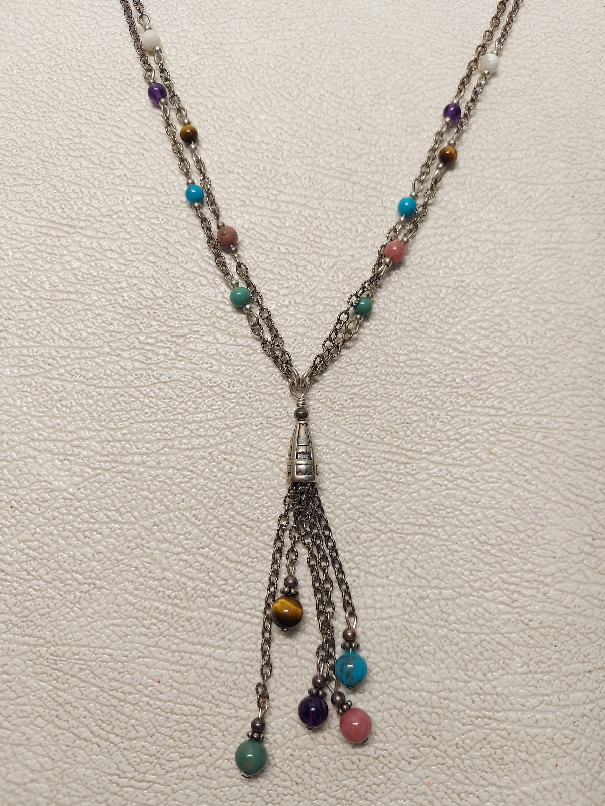 Vintage Q.T. Italy 925 Silver Multi Gemstone Tassel Necklace 47cm 16g