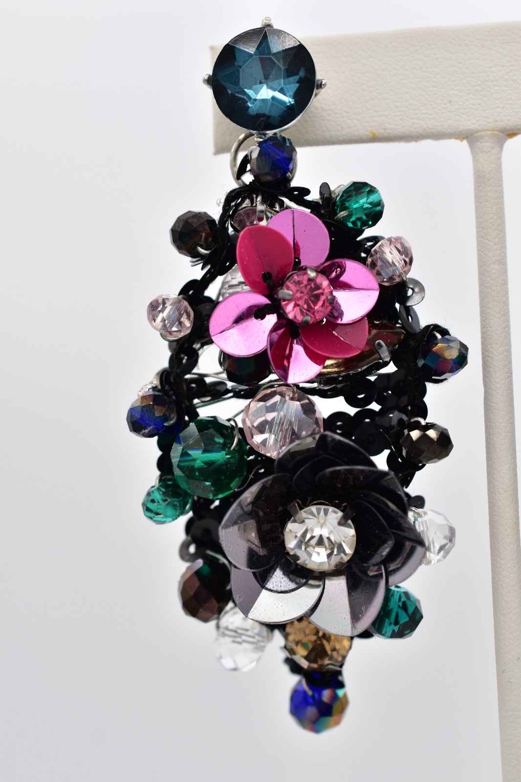 Vintage Sequin Flower Drop Dangle Earrings Rhinestone Chunky Statement Y2K BinAY