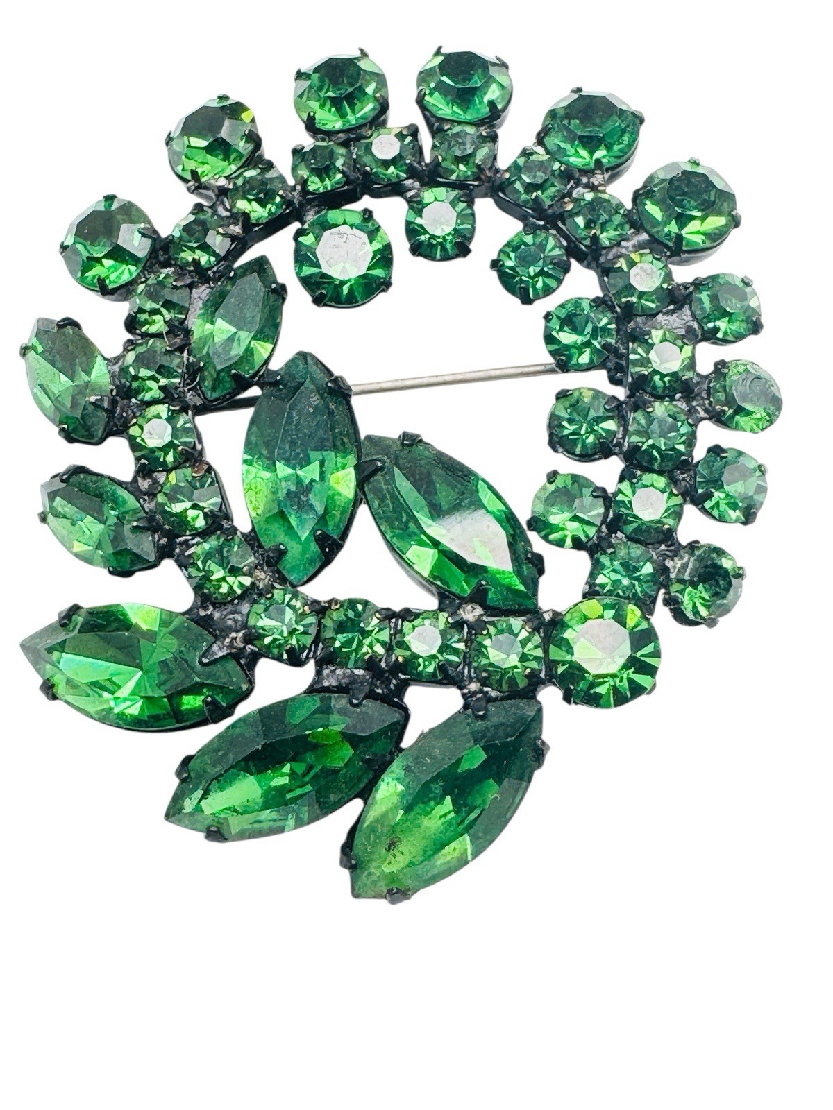 Vintage Weiss Signed Dark Green Rhinestone Brooch Pin Nice