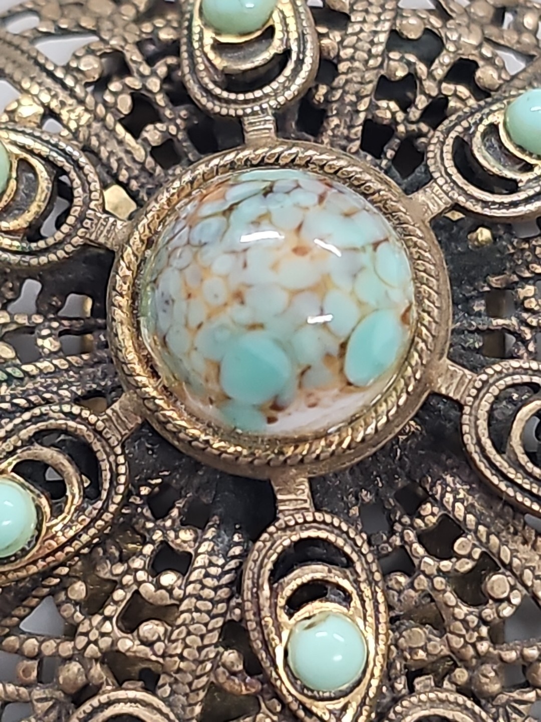 Vintage Metal Filigree Faux Turquoise Fur Clip