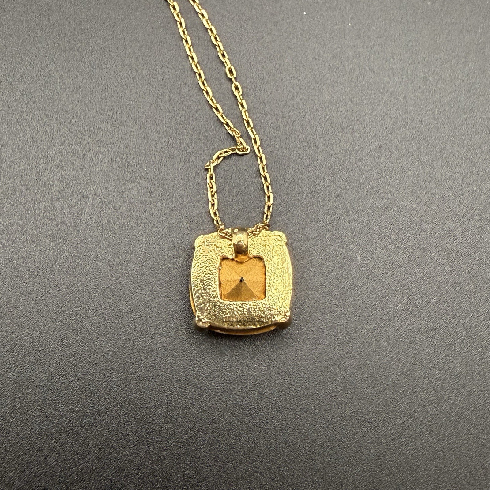 Gold Tone Blush Champagne Cushion Cut Crystal Pendant Necklace Modernist Sparkle