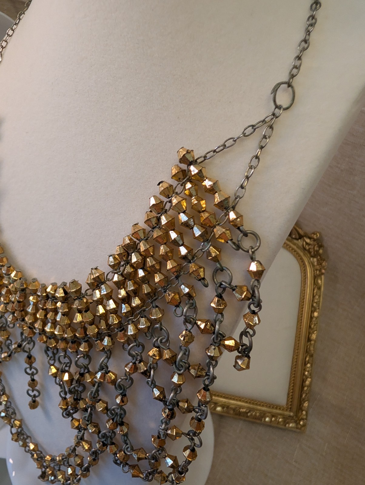 Vintage Couture Statement Bib Necklace 33.35g Gold Faceted Beads Fringe Chain