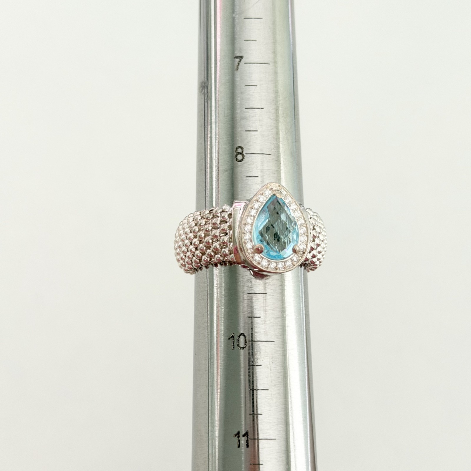 925 Italy Sterling Silver Genuine Blue Topaz Pear White Topaz Mesh Ring Size 9