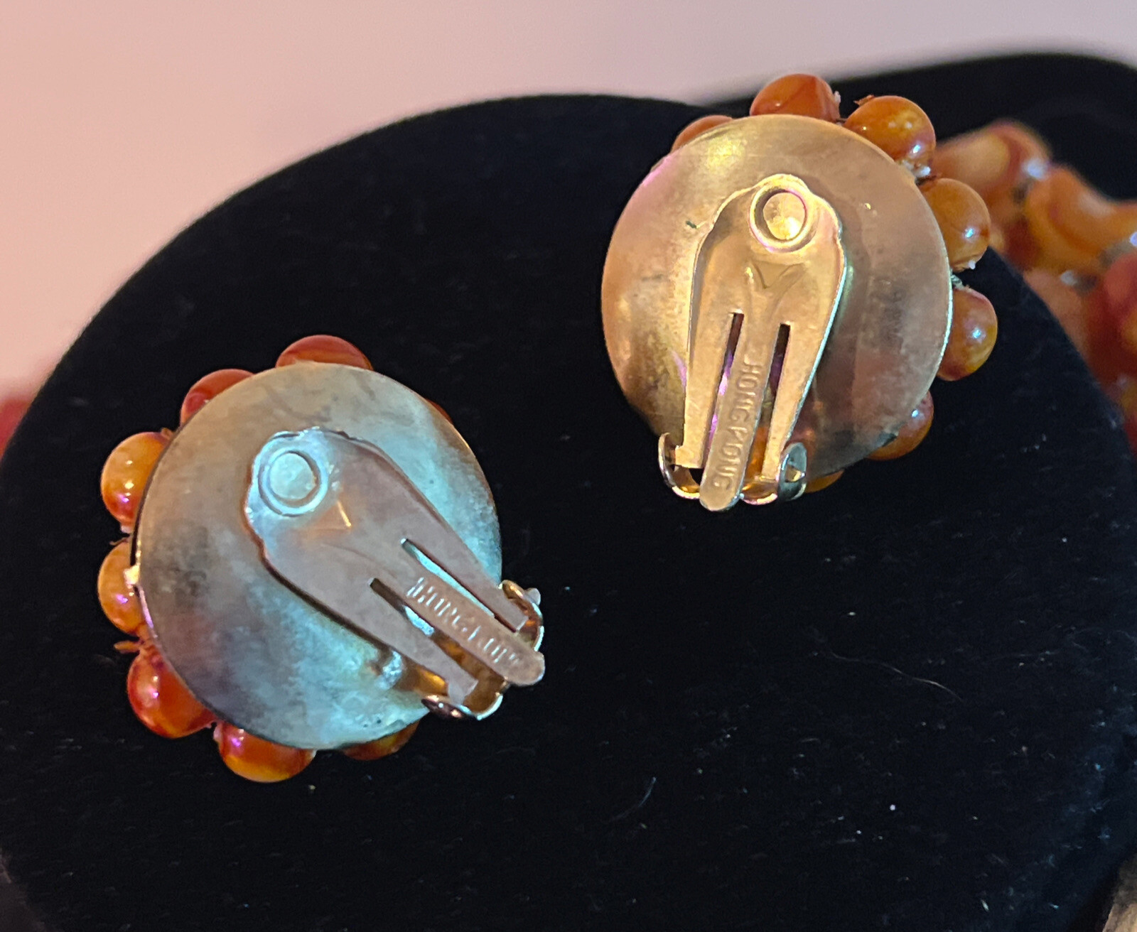 Vintage Made In Hong Kong Amber/Brown Multi Strand Necklace & Clip on Earrings