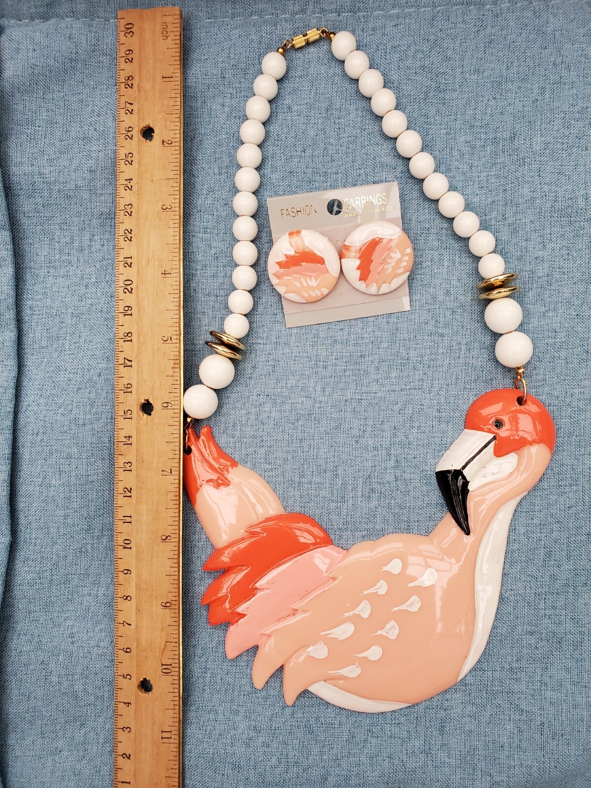 Vintage Chunky Resin Statement Necklace Resin Pink Flamingo New old stock