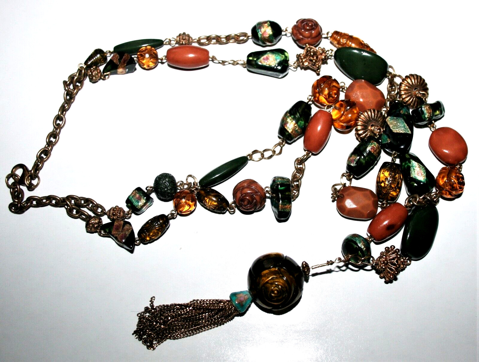 Vintage Molded Plastic Beads Fringe Pendant Chunky Layered 24″ Necklace