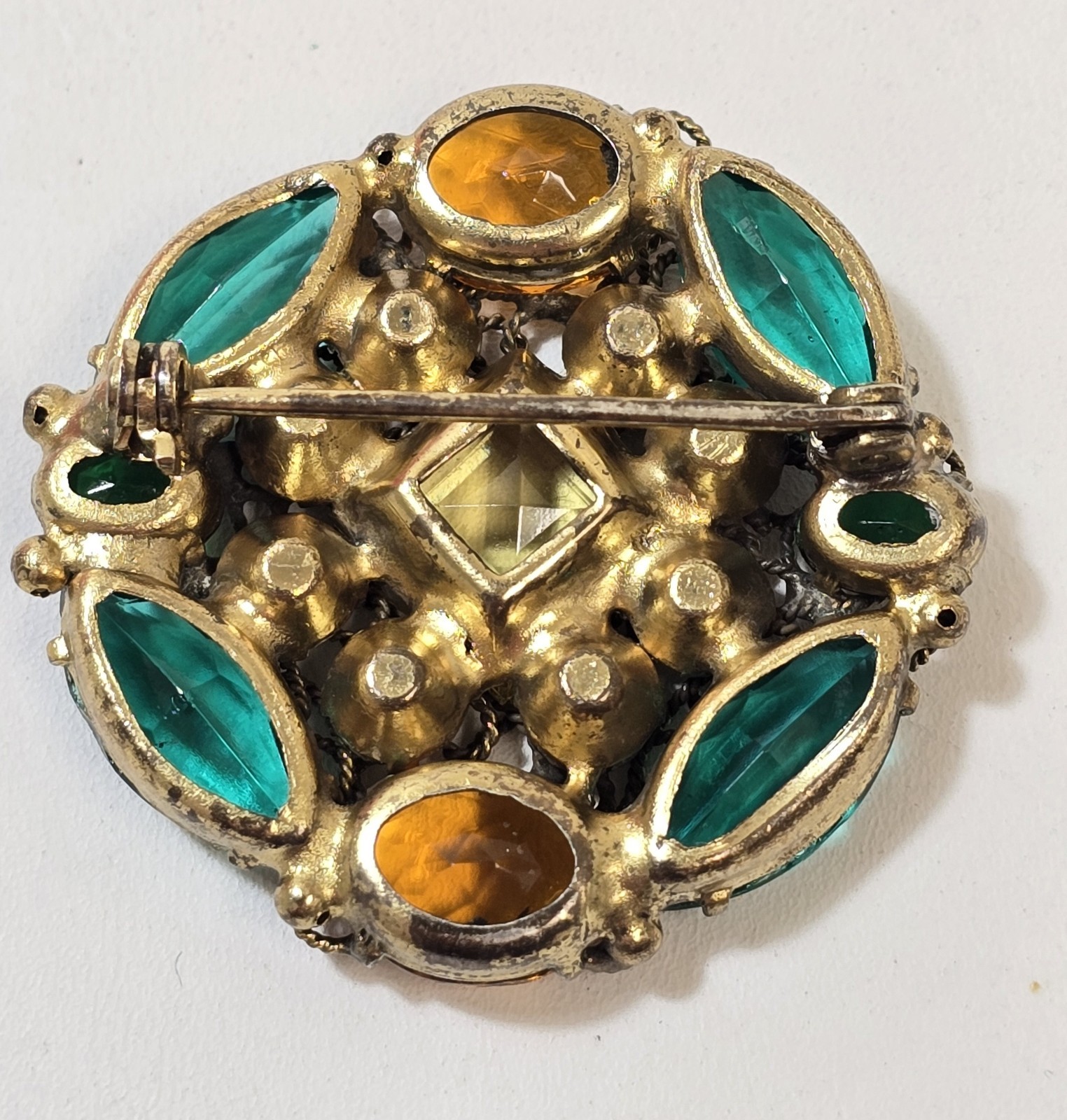 Vintage Fashioncraft Robert Brass Filigree Green Yellow Rhinestone Brooch