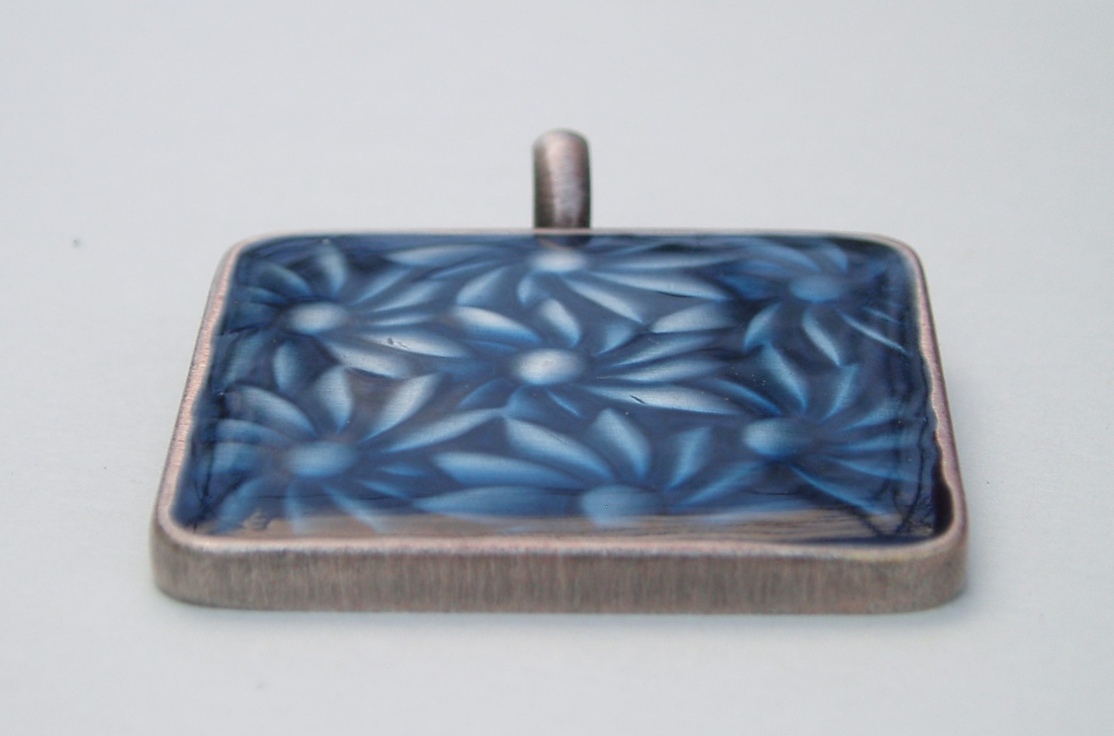 2 Vintage Pendants Epoxy Resin Pewter Metal Large Blue Floral & Green Sun Burst