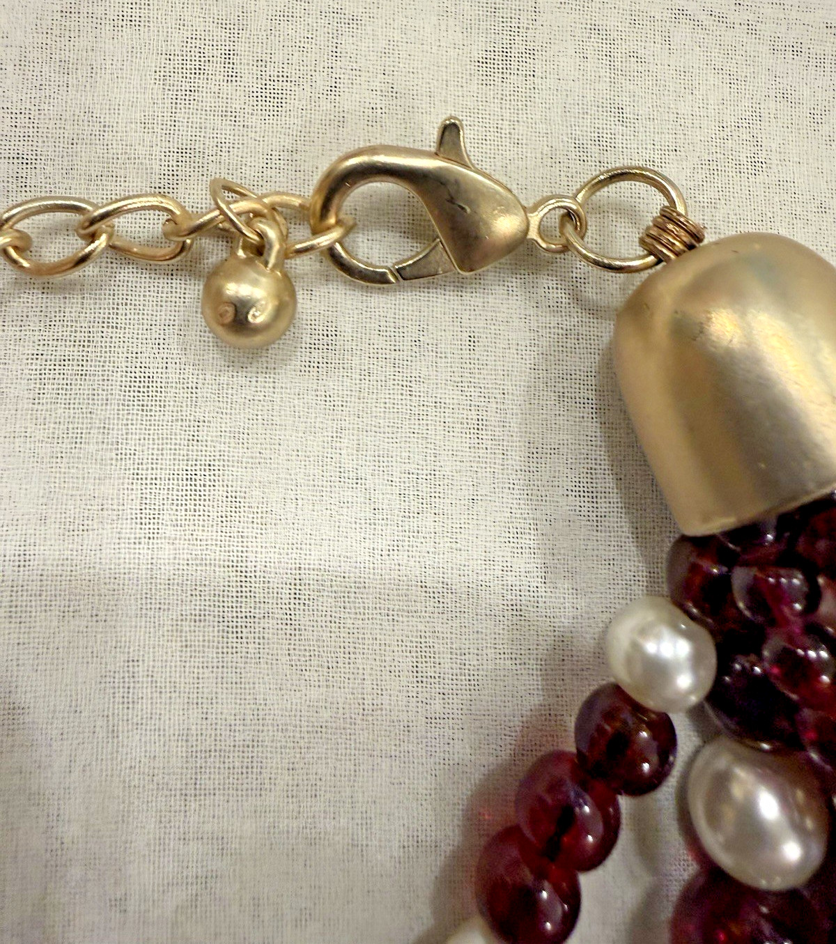 Vintage Multi-Strand Ruby Red Beaded Necklace with Faux Pearl Accents