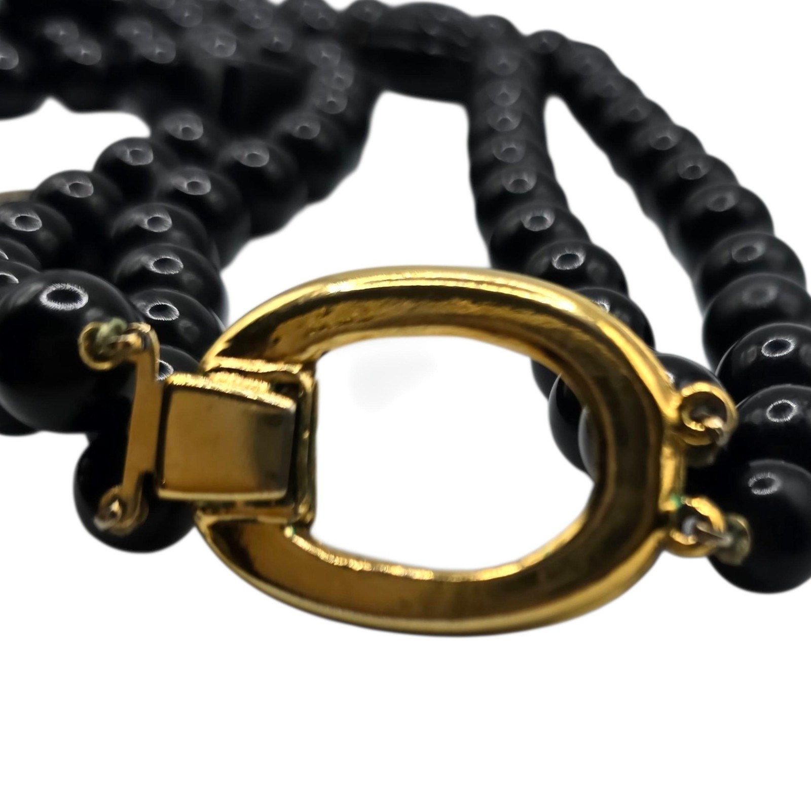 Vintage Necklace Black Beaded Gold Tone Clasp Double Strand 26″ SKU2510