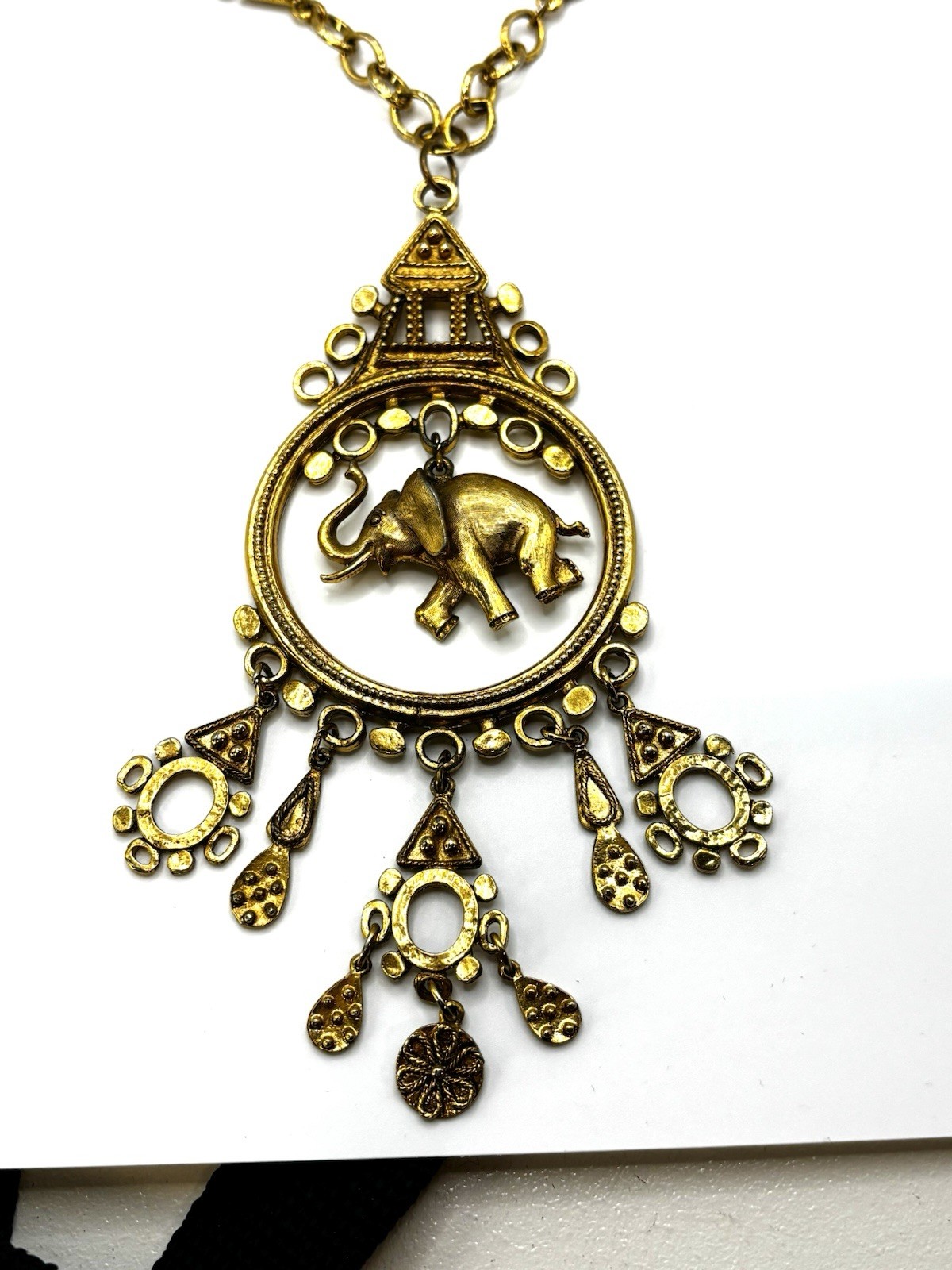 Vintage Statement Gold Tone Textured Fringe ART Exotic Pagoda Necklace Pendant