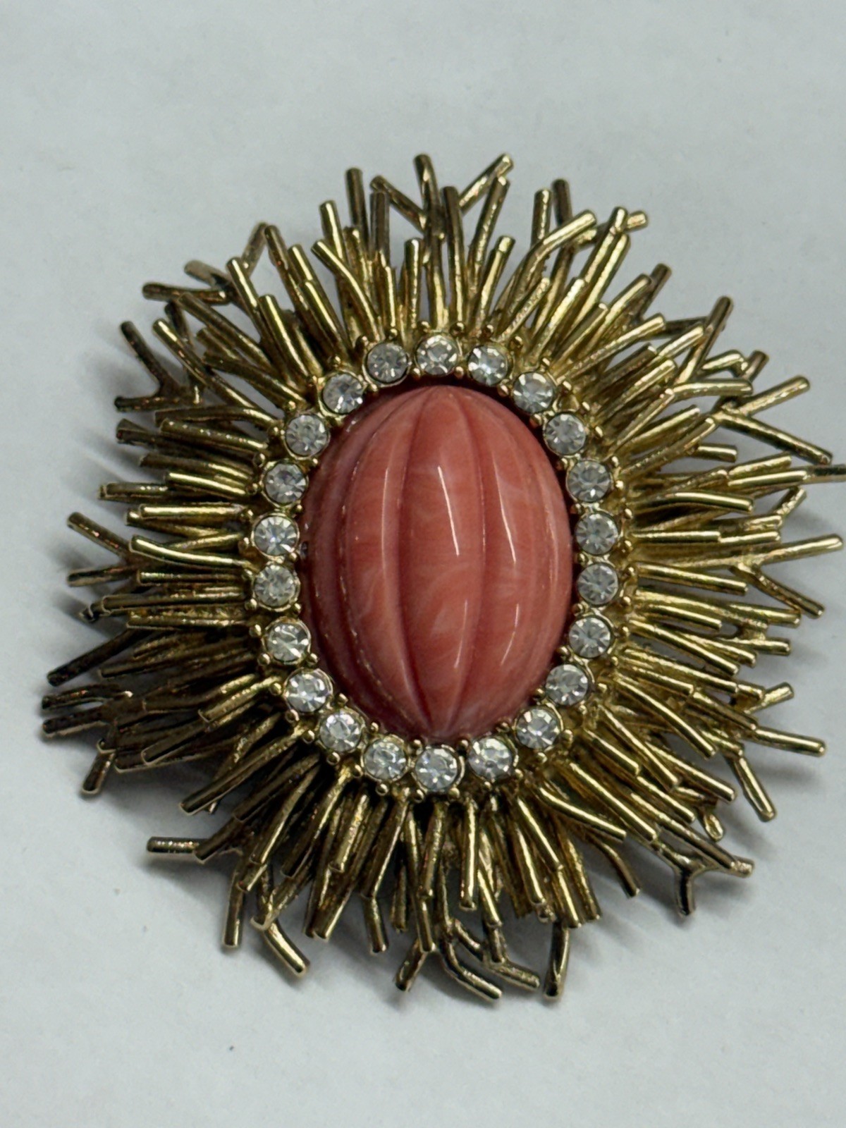 Vintage Joan Rivers Gold Toned Chunky Crystal Faux Coral Brooch Pin