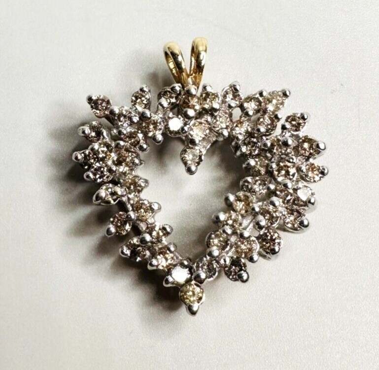 Vintage 14k Yellow/White Gold Champagne Diamond Cluster Heart Pendant