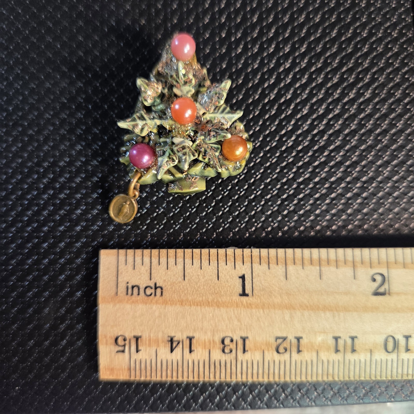 Vintage Christmas Tree Brooch w/ Dangling Micro Devotional Virgin Mary Catholic