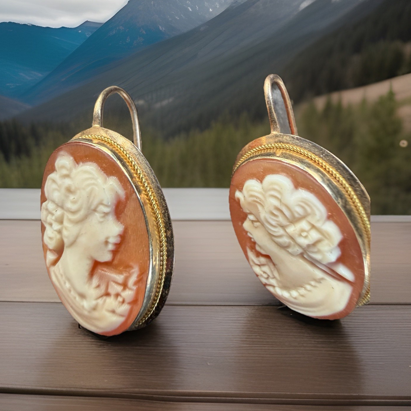 Oval Portrait Cameo Dangle Drop Earrings with Ear Wires, 14 K Gold
