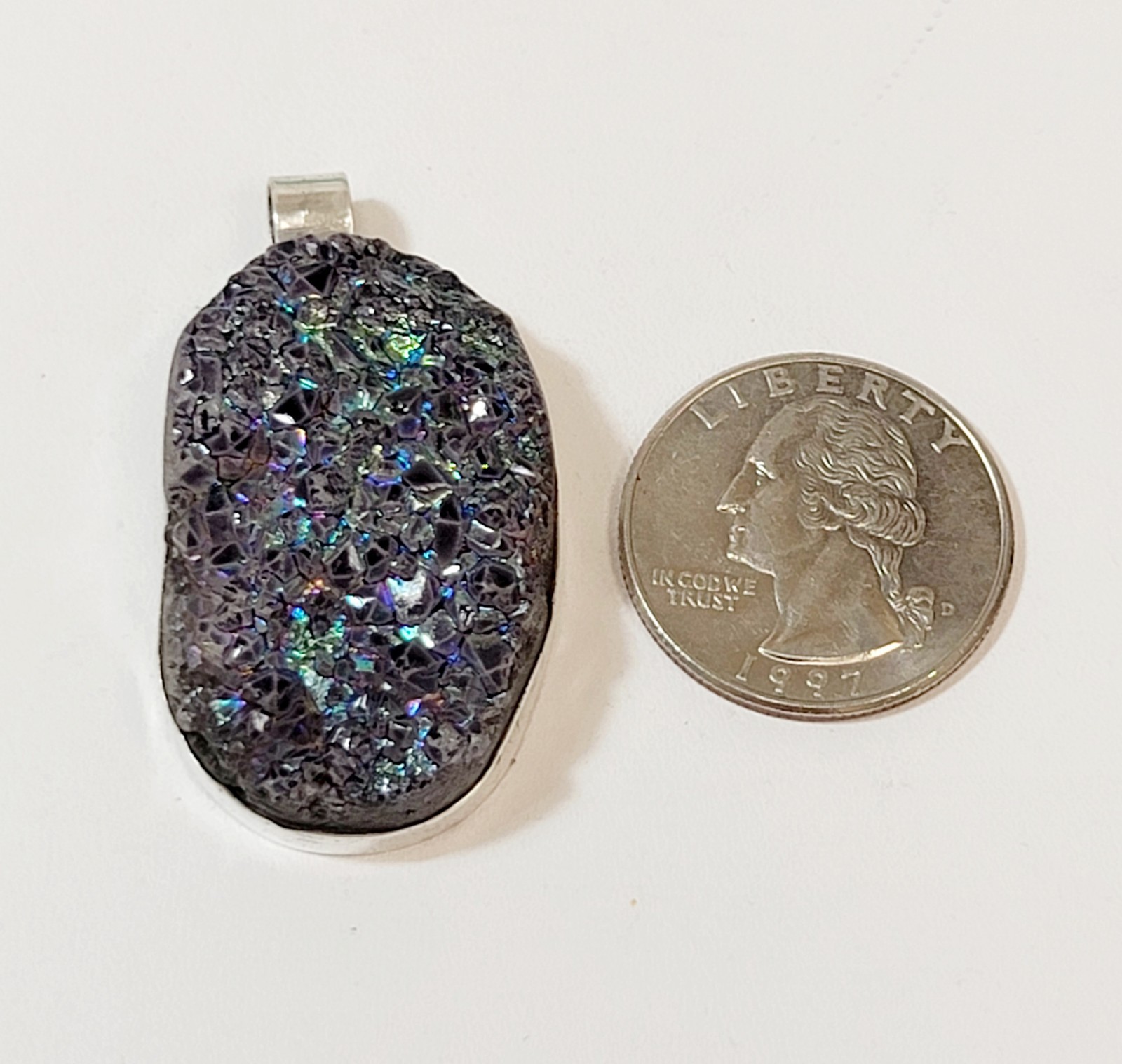 Vintage Sterling Silver Large Purple Blue Peacock Druzy Stone Necklace Pendant