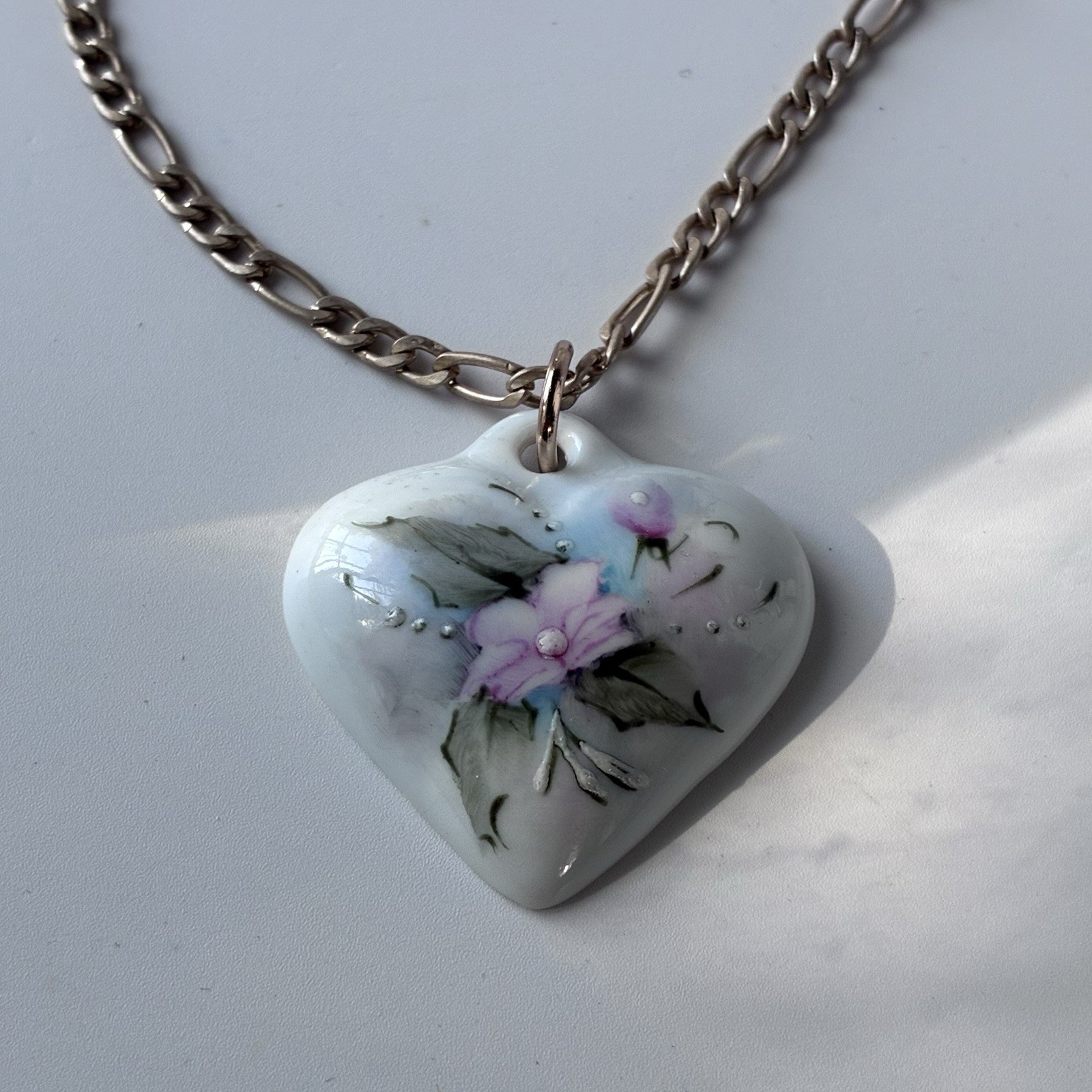 Vintage Ceramic Porcelain Heart Pendant Necklace Floral Cottage Hand Painted 80s