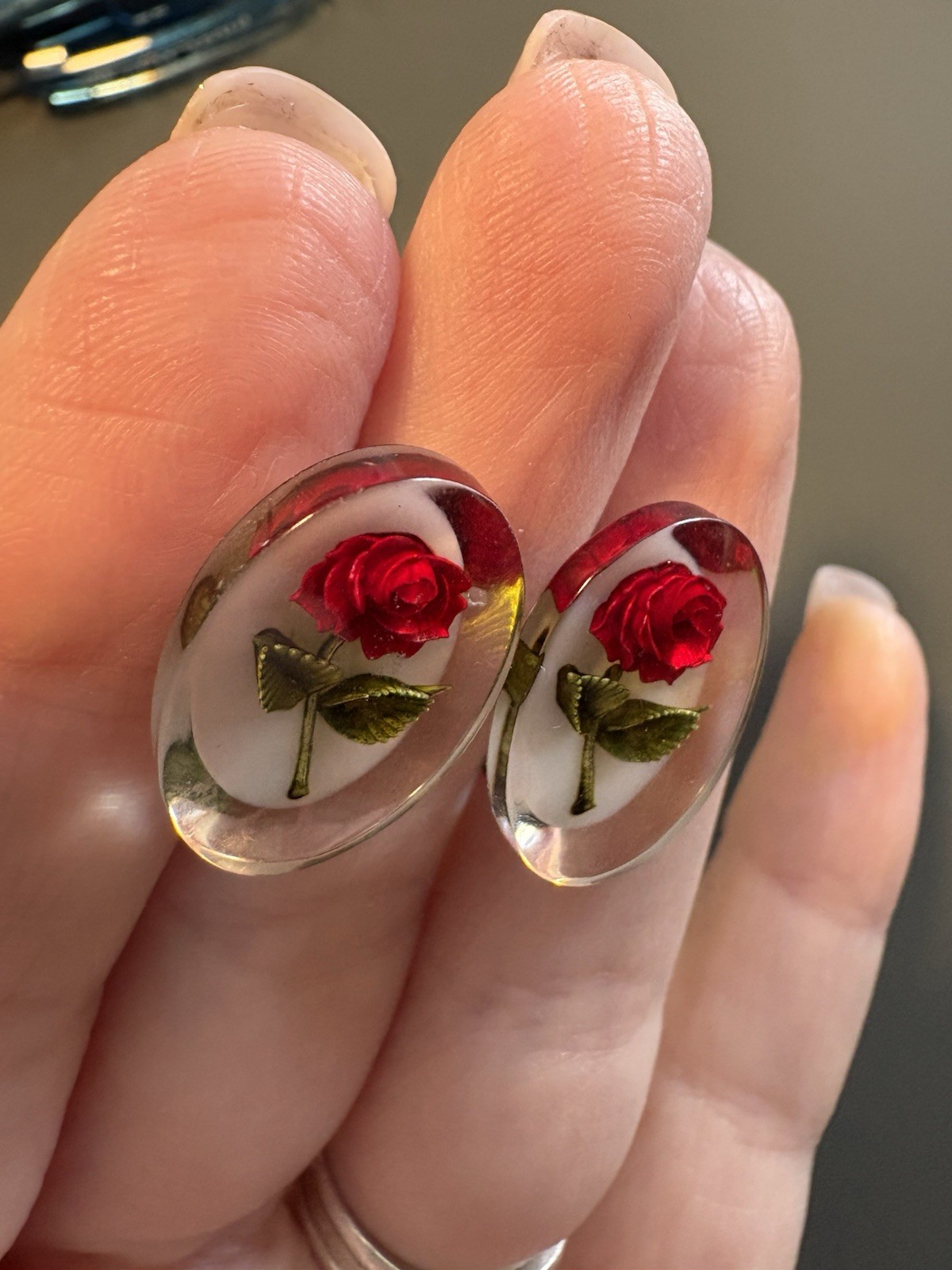1950’s MCM Lucite Reverse Carved Red Rose Earrings Screw Post Back Gorgeous
