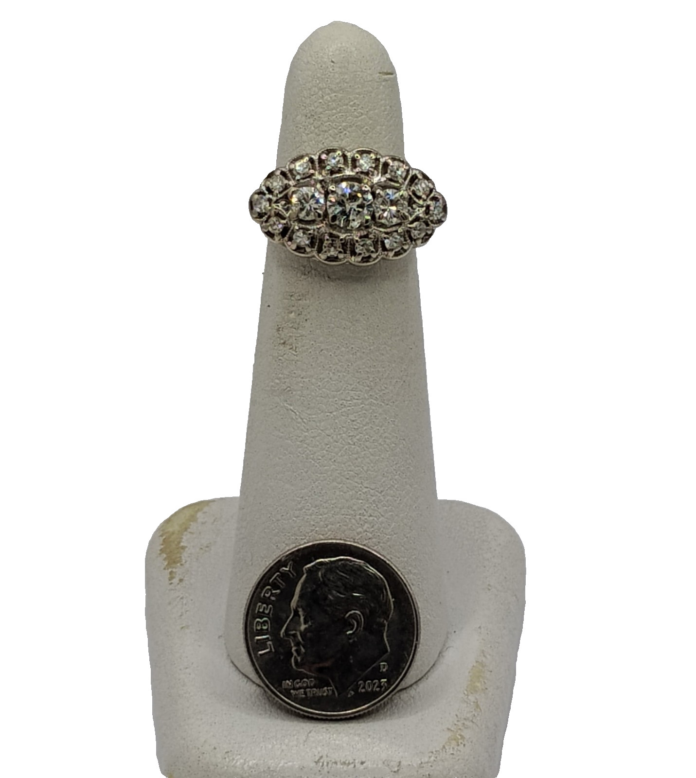 $7,500 1.00ctw ANTIQUE 3-STONE HALO WOMANS 14K WHITE GOLD THREE ROW DIAMOND RING