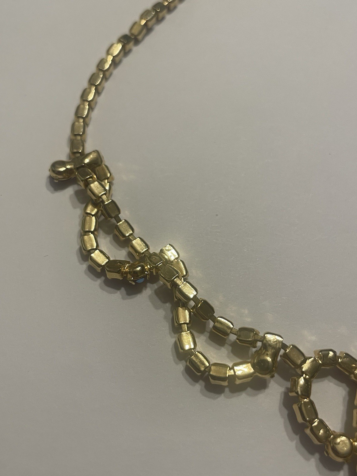 Vintage Red AB Rhinestone Necklace Mid Century Gold Tone Statement Piece Bow