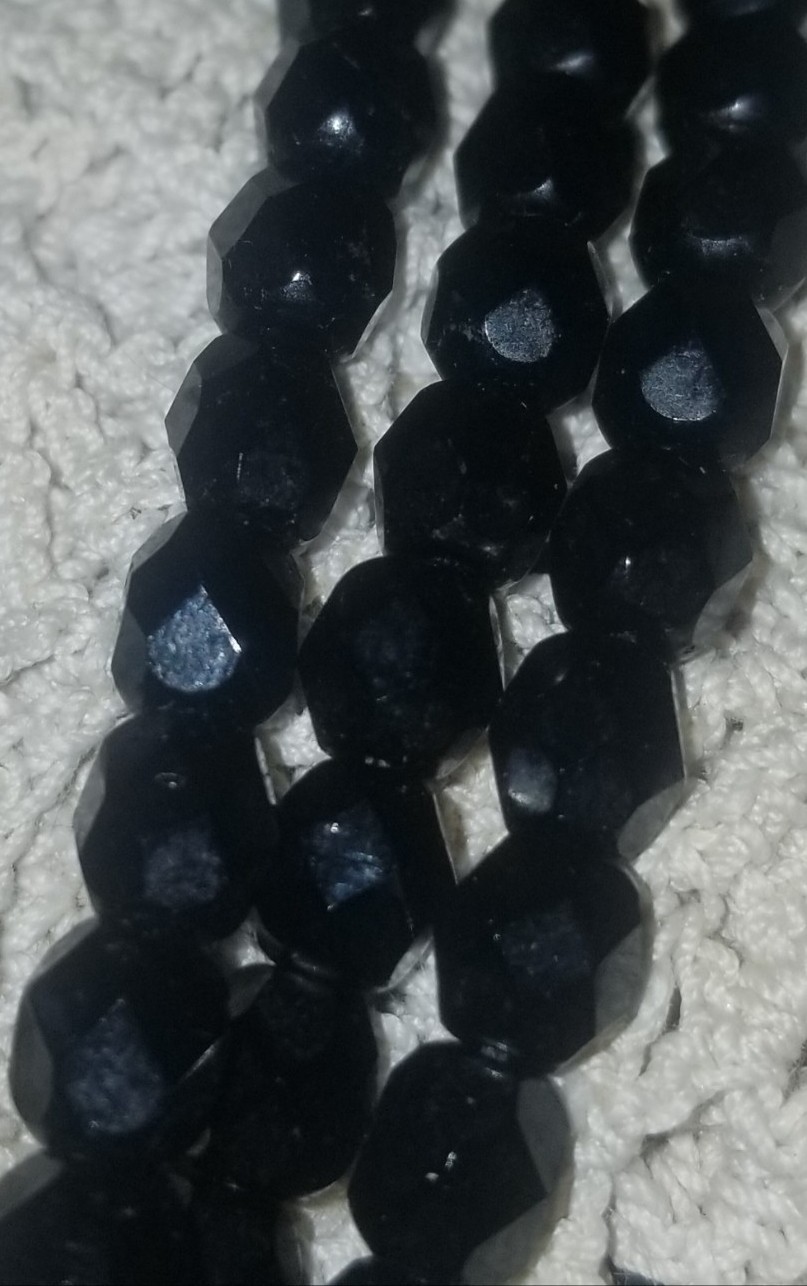 Cameo Necklace, Antique Jet Black Glass,3 Strand Choker, 16 1/2 inch, Gold Tone