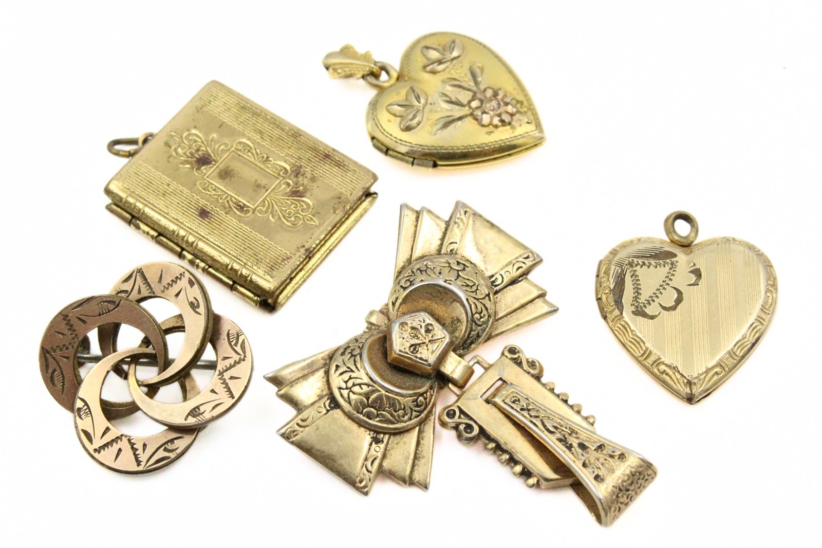Antique Victorian Gold Filled Etched Carved Heart Locket Pendant Lot