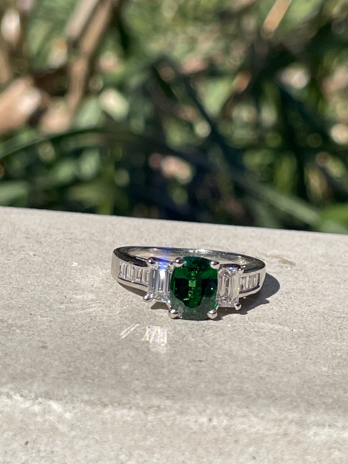 Vintage GIA 2.46ctw Natural Green Cushion Cut Tsavorite Diamond Platinum Ring