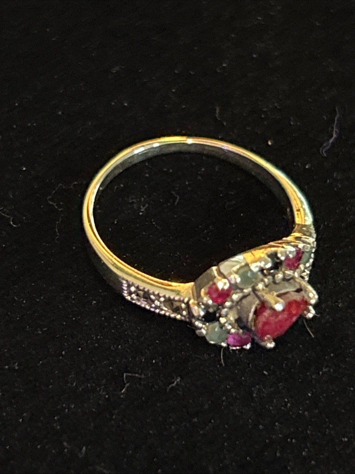 Vintage 925 Sterling Silver Ruby Sapphire Jade Marcasite Ring Size 7.5