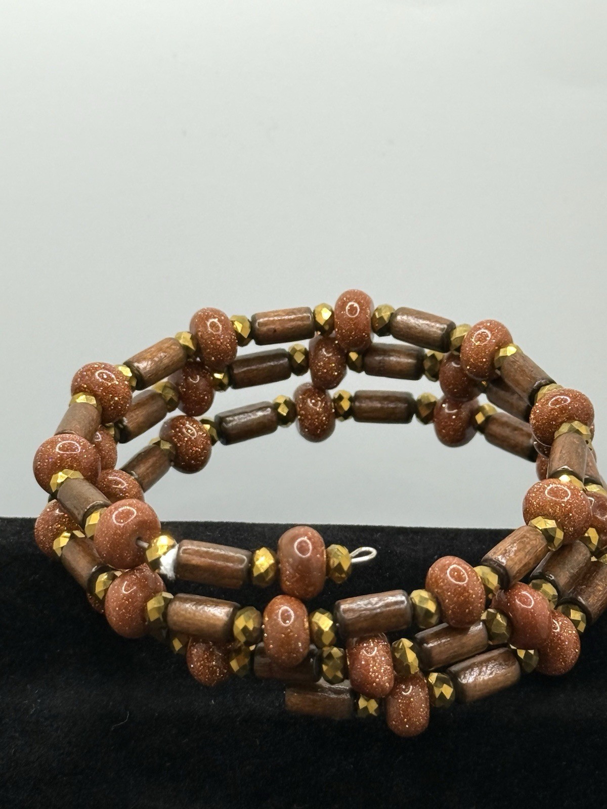 Vintage Bracelet Wood Goldstone Gemstone Wired Wrap Multi-strand Bohemian Boho