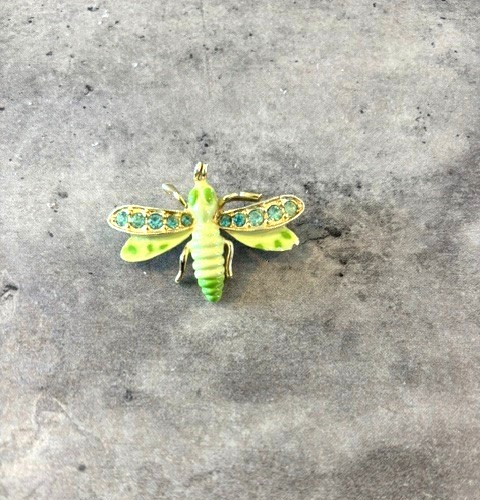 Vintage Green Flying Insect Bug Brooch Gold Tone Rhinestone Pin