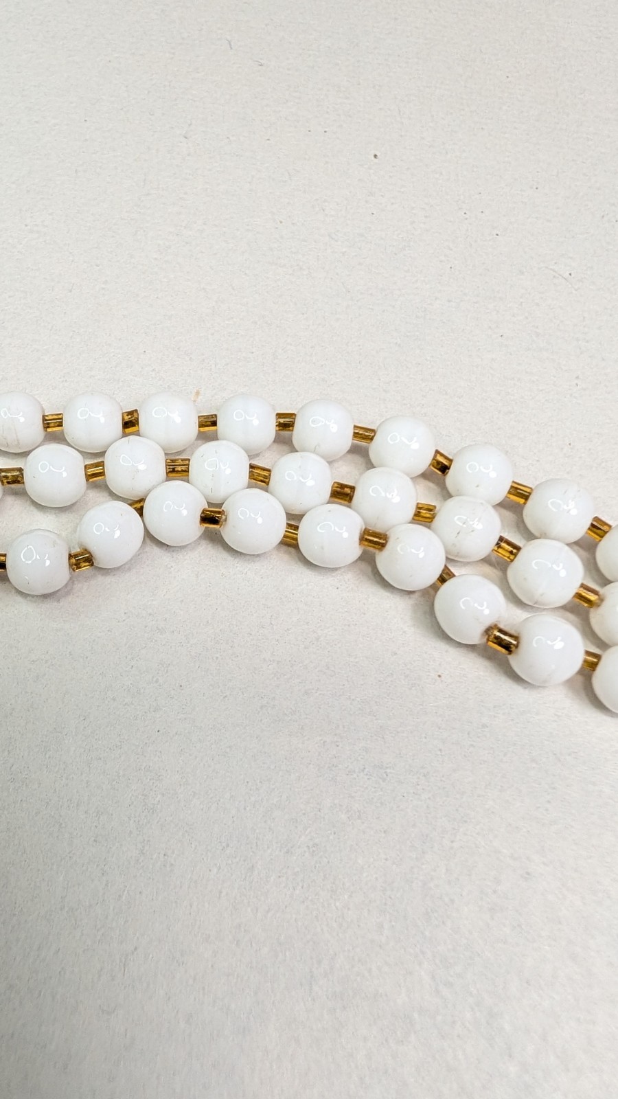 1950s Milk Glass Necklace Triple Strand With Brass Tulip Caps Glass Clasp 16.5in