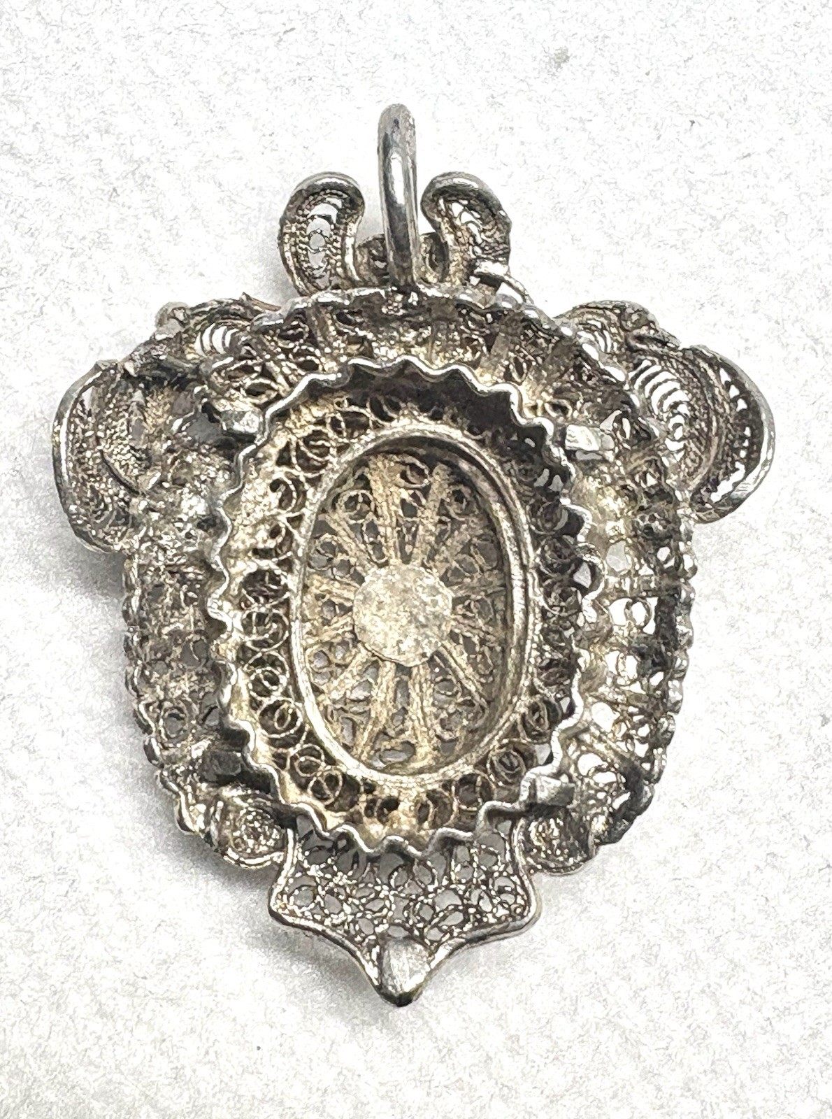 1900s Filigree Antique 1.4“x1.32“ or 39×29 mm 925 Sterling Silver Pendant 6.2g