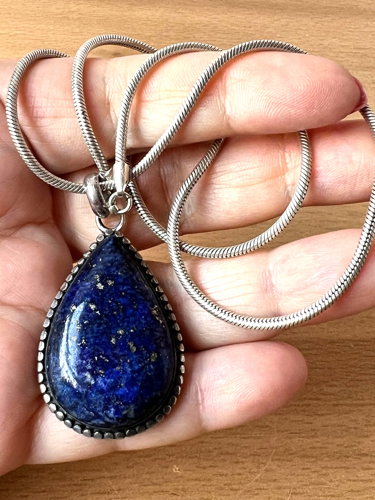 VINTAGE LARGE LAPIS LAZULI PENDANT THICK SNAKE CHAIN NECKLACE 925 STERLING SLVER