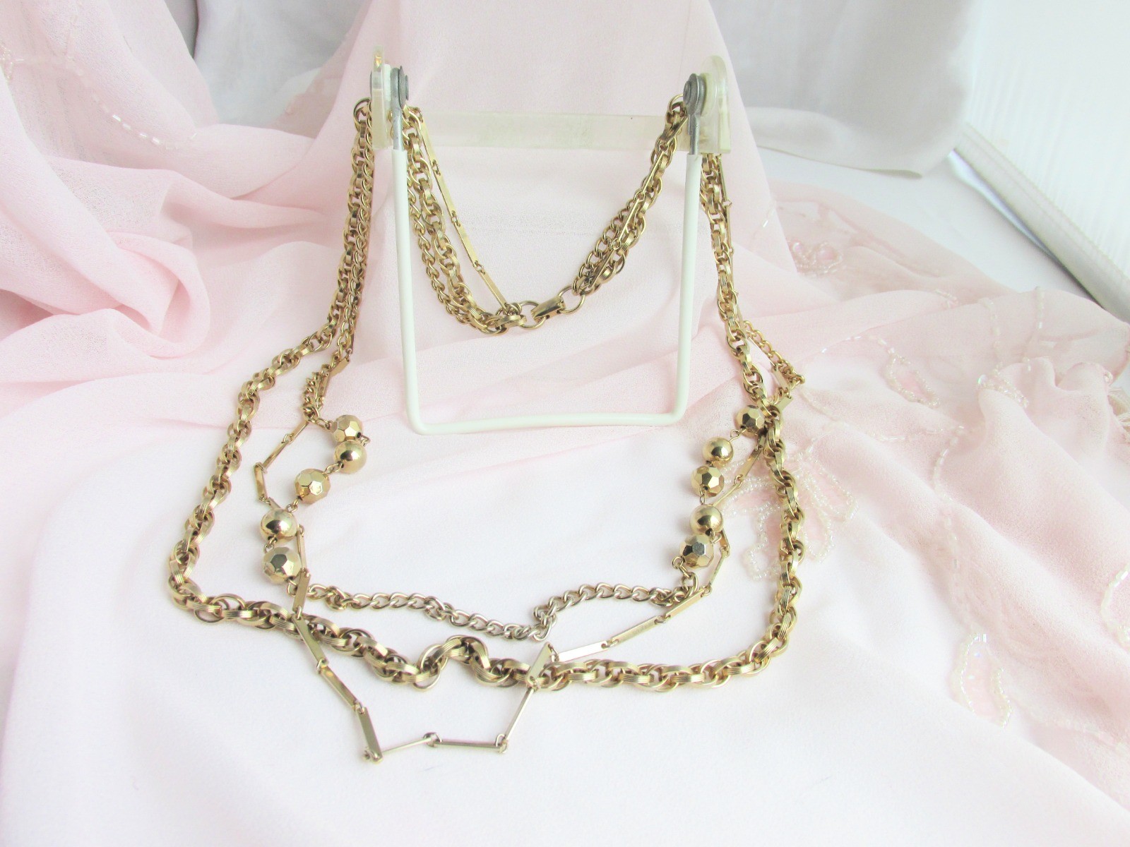 Vintage 3 Golden Rows Chain Necklace Gold Plate Rolo Bar Link Cable Styles