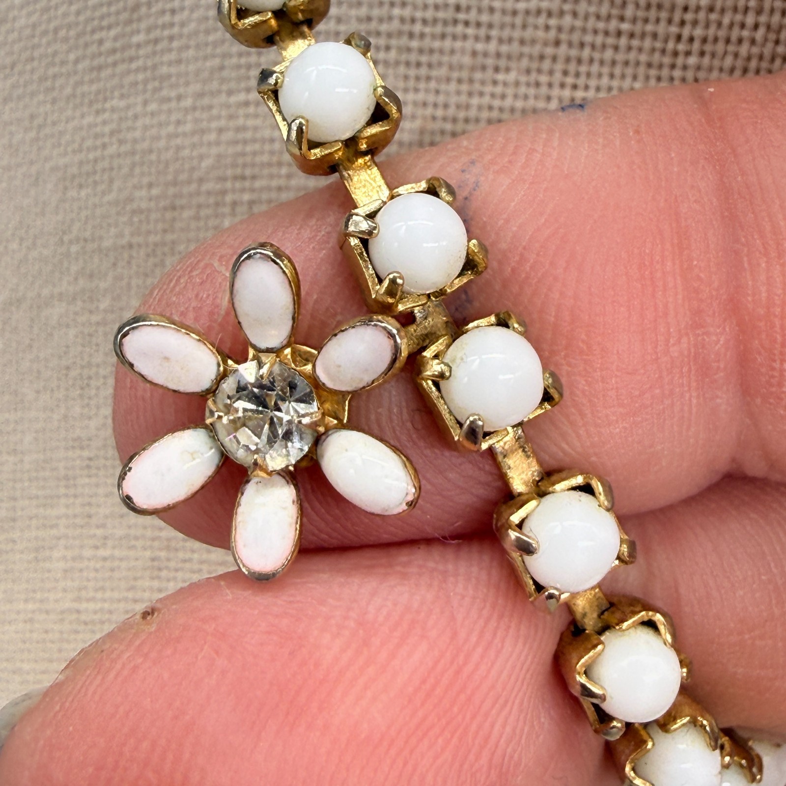Vintage Collar Necklace Milk Glass Beaded Flower Pendants 16 Inches