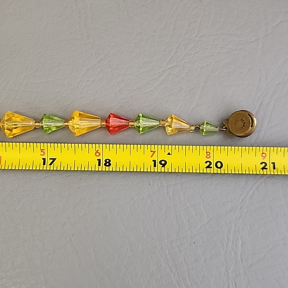 Vintage Plastic Beaded Necklace West Germany Orange Green Yellow AB Glass 20″