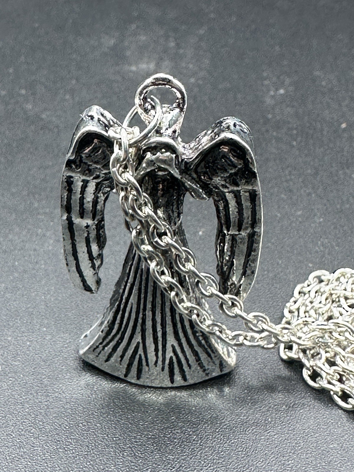 Vintage Pewter Angel Pendant Necklace Hollow Bottom – Gothic or Religious Style