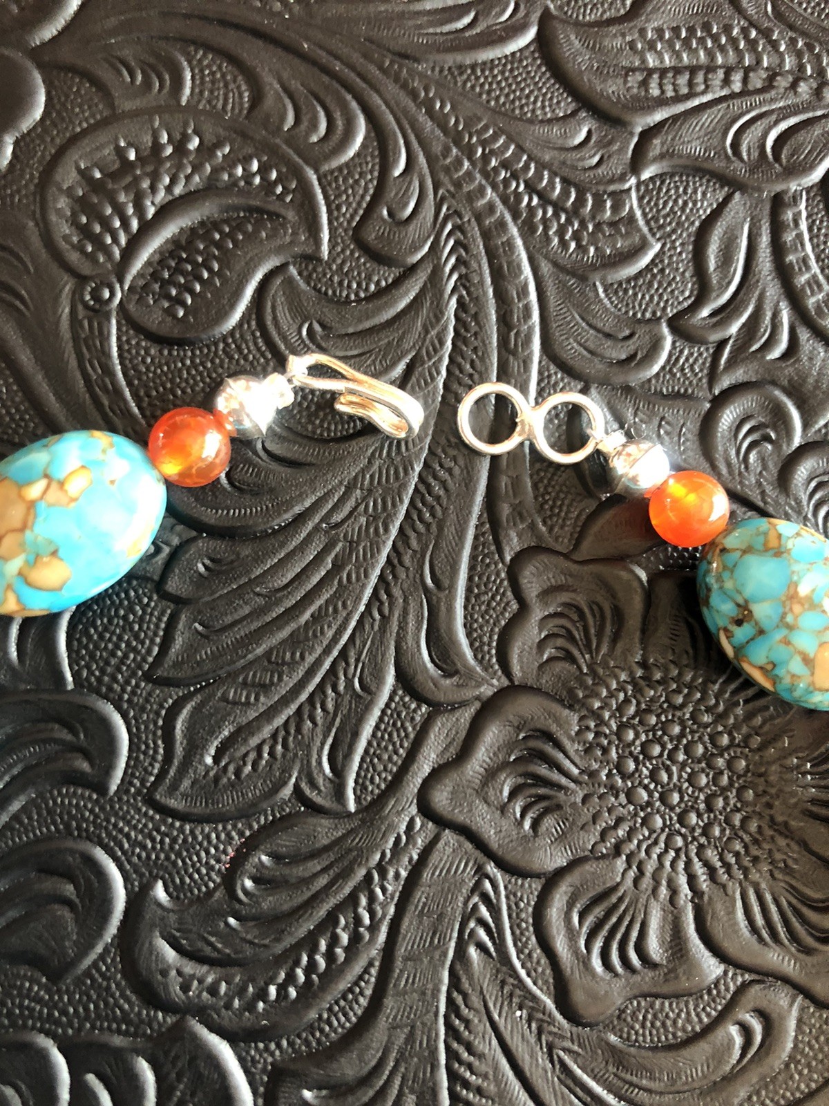 Mosaic Turquoise Beads, Natural Orange Agate Beads 18” Necklace, 925 Clasp
