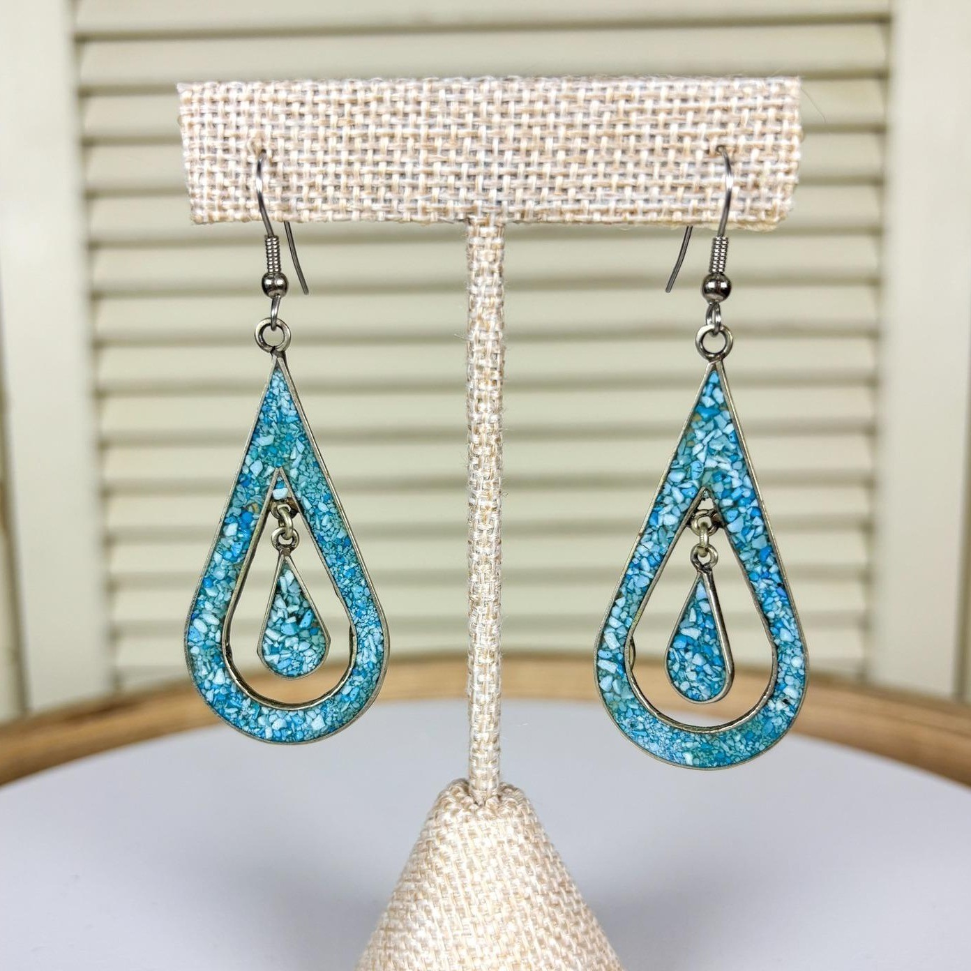 Artisan Vintage Turquoise Chip Inlay Silver Teardrop Earrings Southwestern Boho