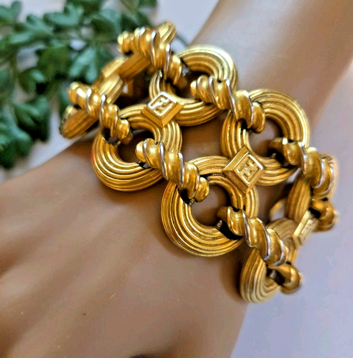 Vintage FENDI Wide Two Row Gold Plate Bracelet 8″ Length Signed 80s