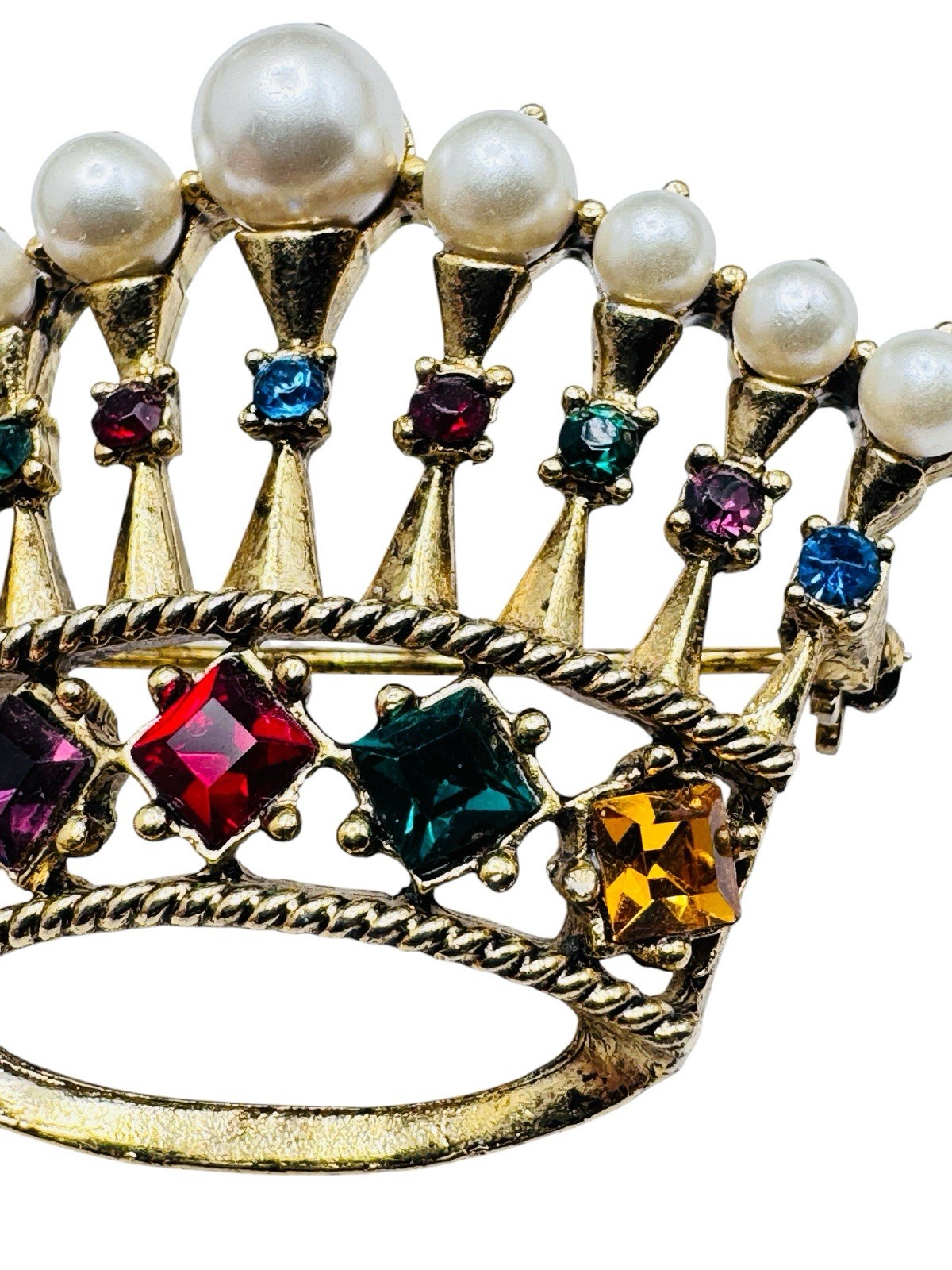 Vintage Rhinestone Pearl Crown Brooch Colored Glass Stones Gold Tone Nice